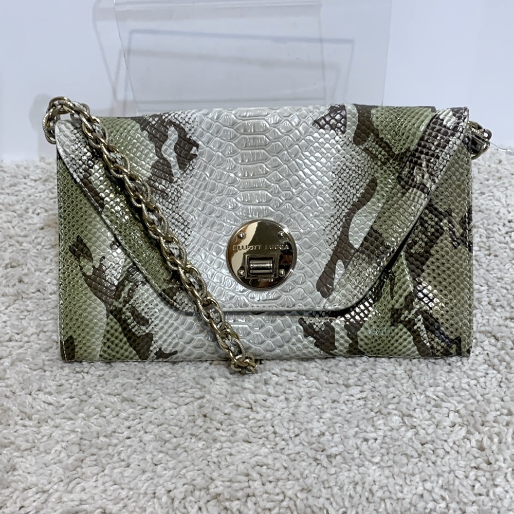 Elliott Lucca snake print leather bag gold chain braid New